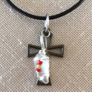 Genuine Sea Glass Wire Wrapped Beaded Pendant Cross Necklace